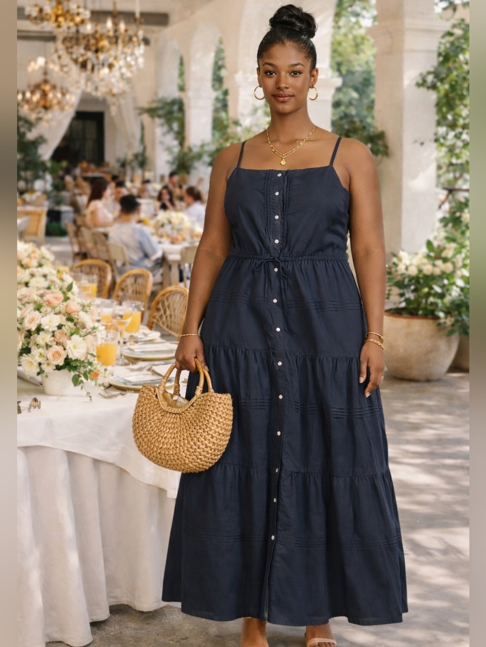 J McLaughlin Navy Tiered Linen Cotton  Maxi Dress XL 16 Resort Casual Cottagecor